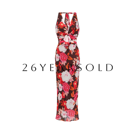 26YEARSOLD Floral Silk Halter Maxi Dress in Caramel Brown Caramel Brown Floral