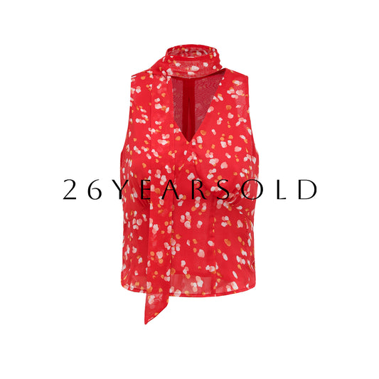 26YEARSOLD Silk Blend Impressionist Polka Dot Tie Neck Top Red