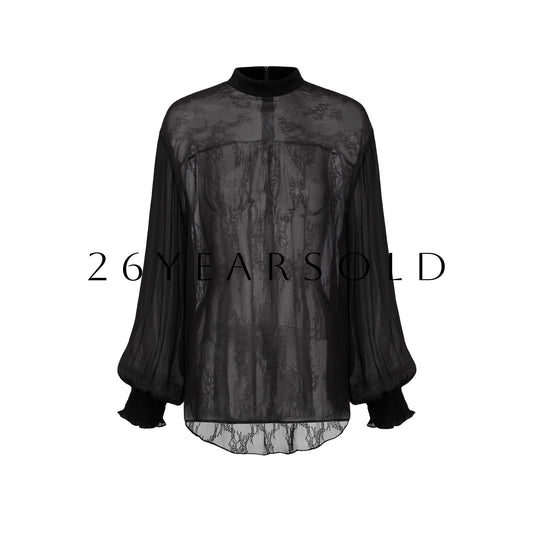 26YEARSOLD The Silk Lace-Panel Mock Neck Blouse Misty Black