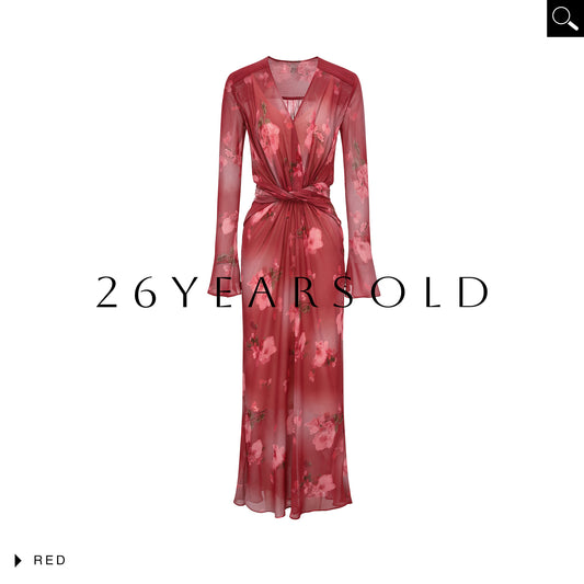 26YEARSOLD Pomegranate Blossom Watercolor Petal V-Neck Knotted Midi Dress