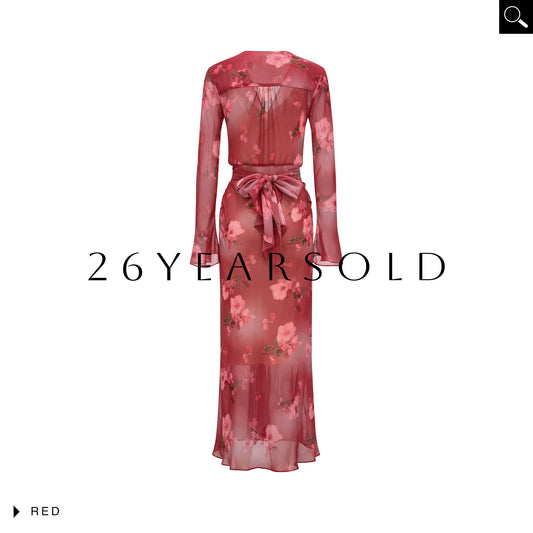 26YEARSOLD Pomegranate Blossom Watercolor Petal V-Neck Knotted Midi Dress