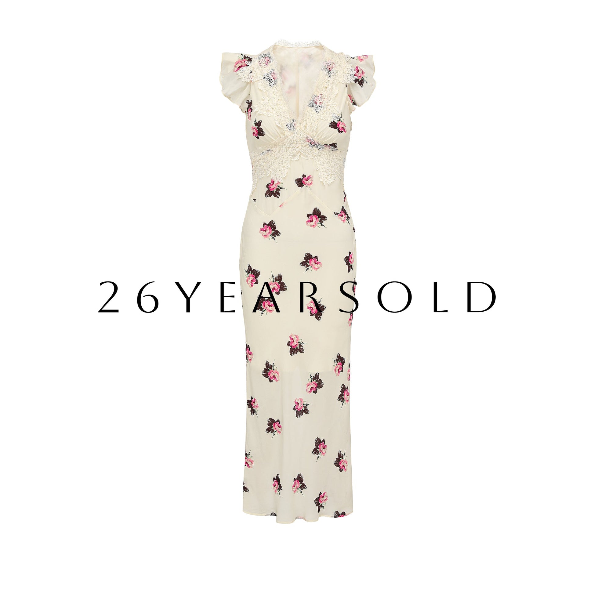 26YEARSOLD Vintage Rose Print 100% Viscose Midi Dress Cream