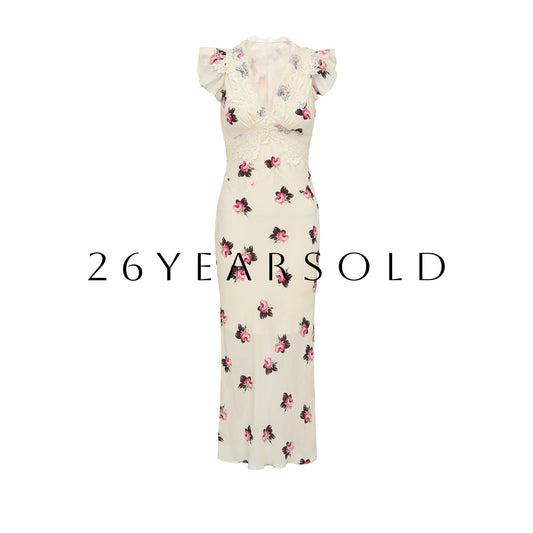 26YEARSOLD Vintage Rose Print 100% Viscose Midi Dress Cream