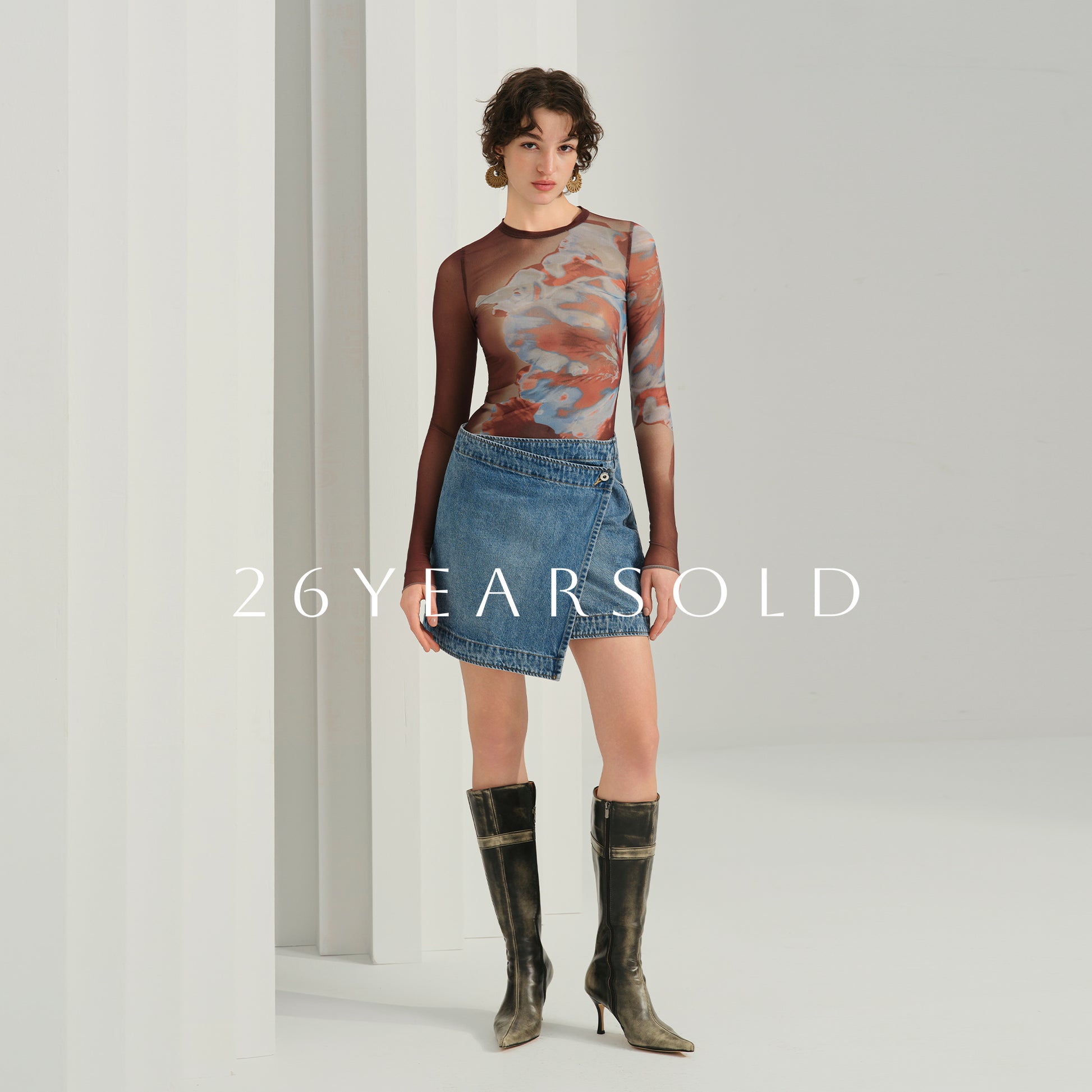 26YEARSOLD Humid Pictura Vintage Watercolor Abstract Mesh Long Sleeve Top Brown