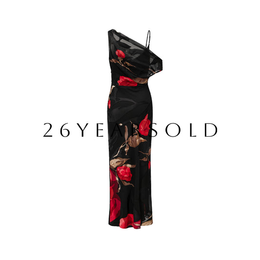 26YEARSOLD Night Rose Gown Rose Noir Asymmetrical Cowl Neck Maxi Dress