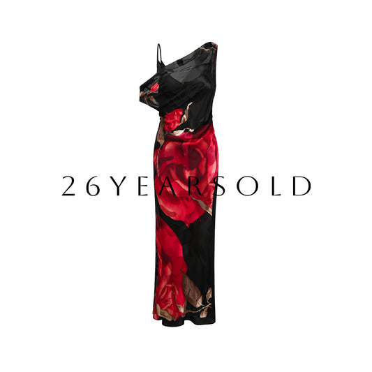 26YEARSOLD Night Rose Gown Rose Noir Asymmetrical Cowl Neck Maxi Dress