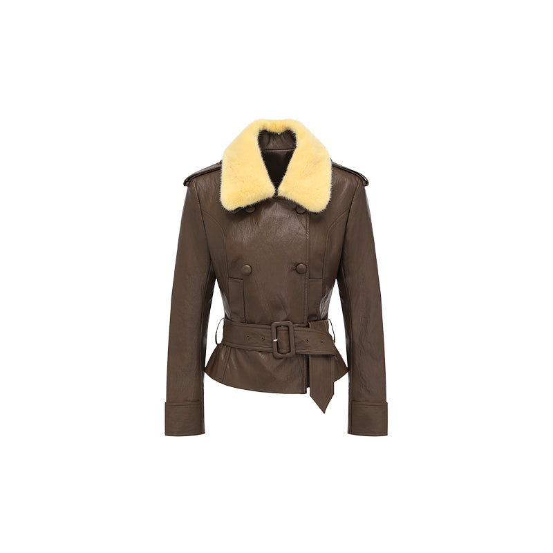 26YEARSOLD Mink Fur Collar Belted Jacket