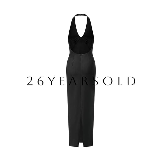 26YEARSOLD Black Elegance Acetate Satin Halter Neck Trousseau Maxi Dress
