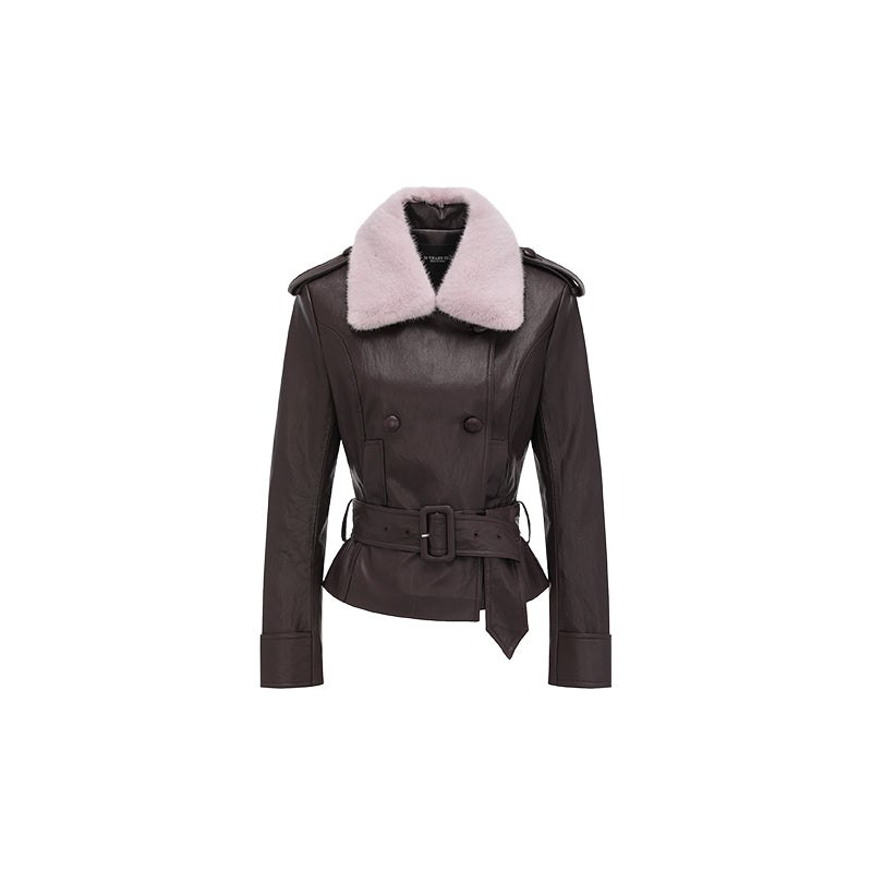 26YEARSOLD Mink Fur Collar Belted Jacket
